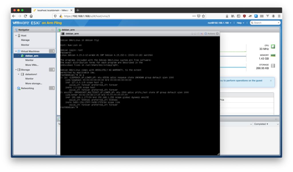 Figure 21 : Cliquez sur la console et procédez à l'installation de Debian