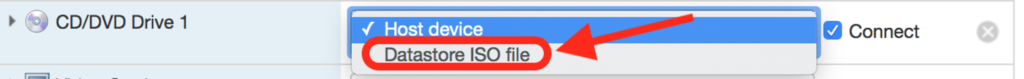 Figure 17 : Dans l'écran suivant, sélectionner l'option "Datastore ISO file" sur l'onglet "CD/DVD Drive 1"